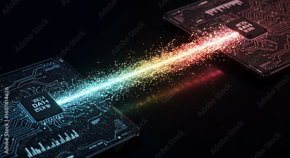 Poster digital connection: a vivid depiction of two integrated circuit boards linked by a radiant stream of
