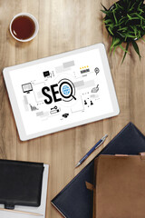 SEO search engine optimization for modish e-commerce and online retail business showing on computer...