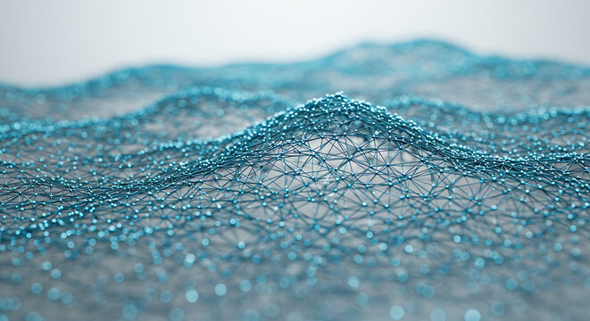 Digital Waveform: An abstract display of a digital waveform, featuring a shimmering network of interconnected nodes, evoking a sense of data flow, and technological innovation. 