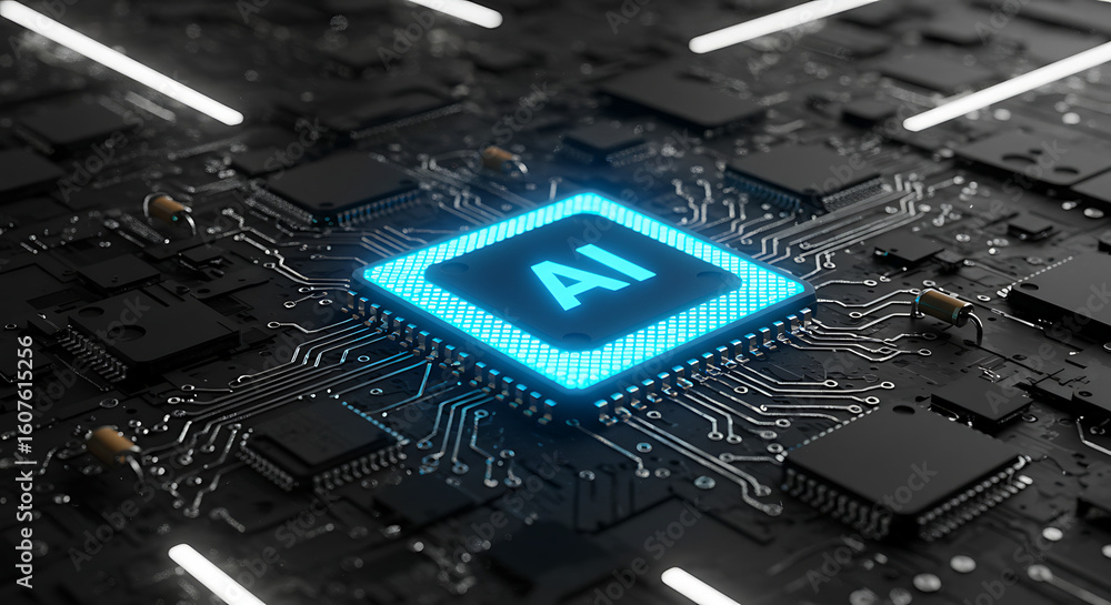Poster ai chip's futuristic glow: a close-up of an ai microchip, illuminated in a futuristic neon glow, sho