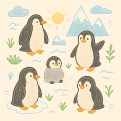 Naklejka premium Cute Penguin Pattern with Iceberg, Snowy Mountains, and Sun in Crayon Style