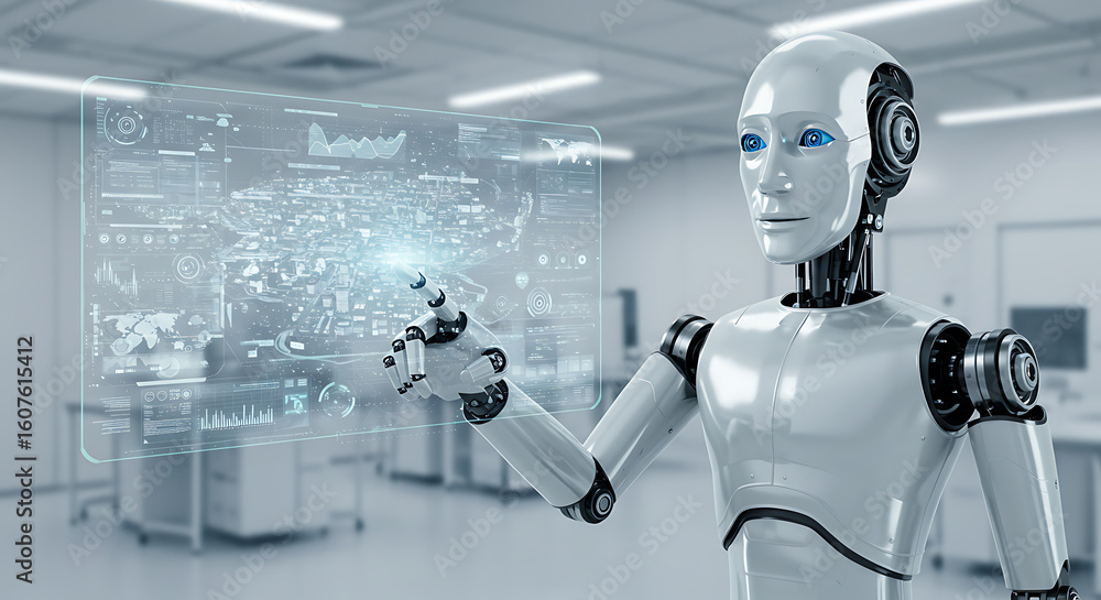 Aufkleber the ai's touch: a futuristic robot interacting with a holographic display within a sterile laborator