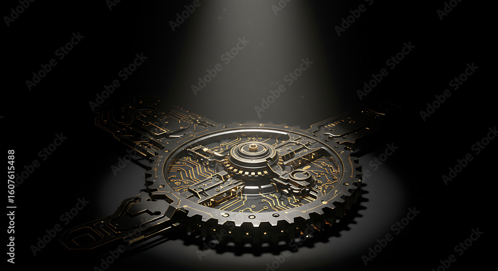 Aufkleber illuminated tech circuitry: a complex network of circuits and mechanical components, bathed in a dra