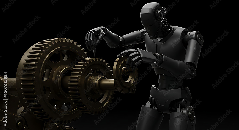 Poster robotic precision: a sleek, modern robot meticulously working on intricate mechanical gears, symboli
