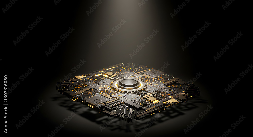 Aufkleber illuminated processor: a high-tech processor board, showcasing advanced technology, sits beneath a f