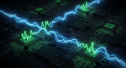 Digital Pulse: An electrifying display of technological advancement, vibrant pulses of data flow across a high-tech circuit board, symbolizing the dynamic heart of digital information transfer. 