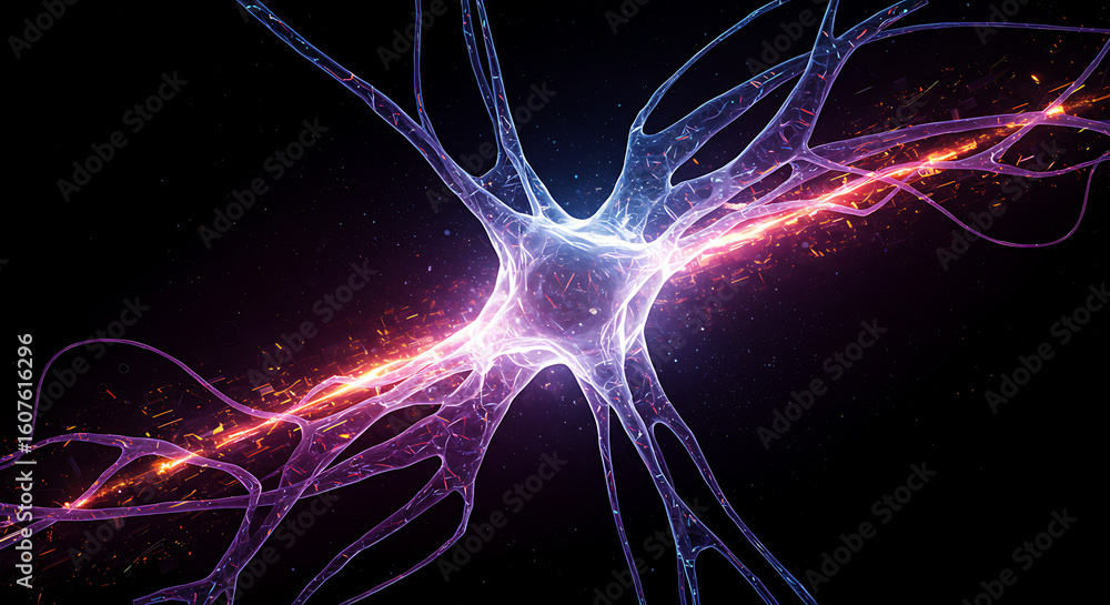 Poster nerve cell: depicting a single neuron with its intricate structure and glowing axon, it's a visually