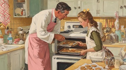 Teacher teaching a high school girl to remove baked cookies from an oven in a home economics class., no logos, no brands