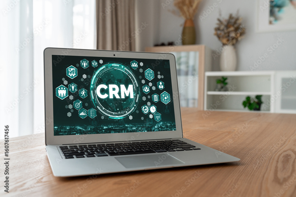 Poster customer relationship management system on modish computer for crm business and enterprise