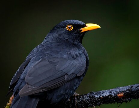 Close-up of a black bird with bright yellow beak perched on a branch