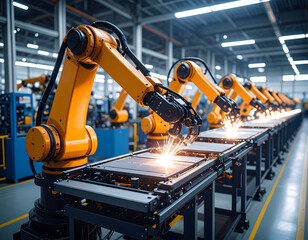Automated welding robots in factory