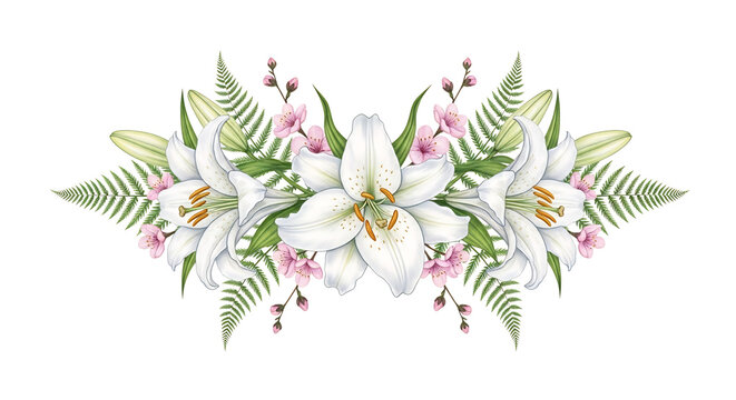 Elegant white lily and pink floral border isolated on white & transparent background, perfect for wedding invitations, Mother's Day cards, spring event banners, or sympathy designs.