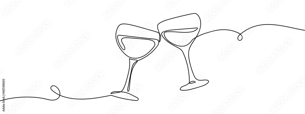 Wall mural continuous vector line two wine glasses clinking together on transparent background. editable stroke