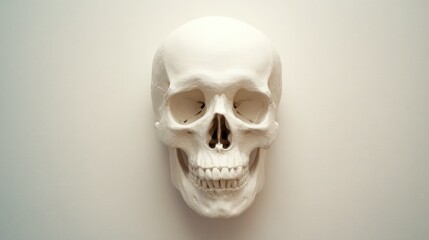 Fototapeta premium Minimalist skull design, stark white backdrop, contemporary art piece, striking visual contrast, modern aesthetic appeal, intriguing focal point.