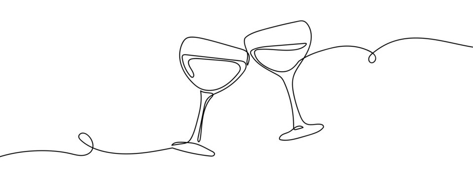 Continuous vector line Two wine glasses clinking together on transparent background. editable stroke.