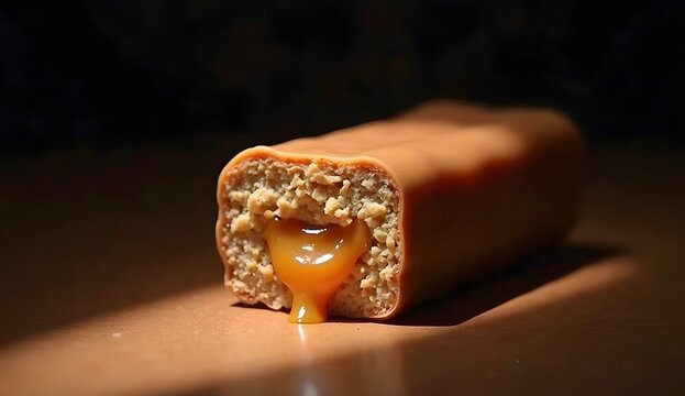 half broken snickers bar with caramel oozing out from center in black background