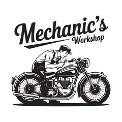 Mechanic repairing a motorcycle in a workshop black and white image