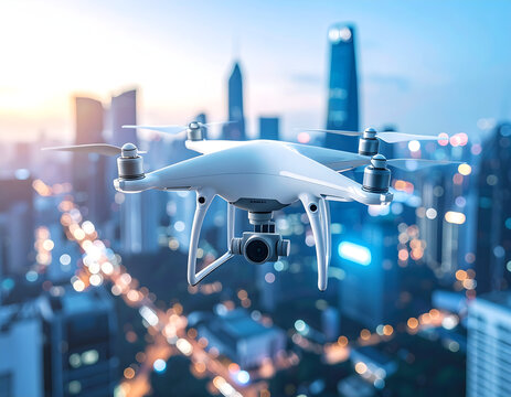 Drone flying over cityscape