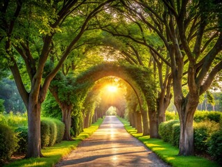 Sunlight streams through a green tree tunnel, creating a natural archway over a country road