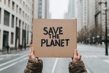 Environmental activism: person holding "Save the Planet" sign in urban setting, advocating for environmental protection and sustainable living.