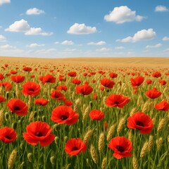 Fototapeta premium Vibrant Poppy Field Under Sunny Sky: Evokes Summer Joy and Natural Beauty for Advertising, Travel and Environmental Campaigns.
