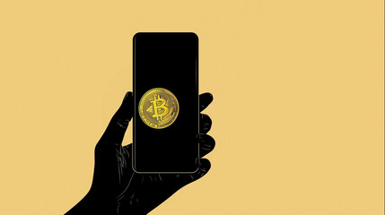 hand silhouette holding smartphone with bitcoin logo symbolizing the new digital power to the people currency of freedom. isolated on yellow background