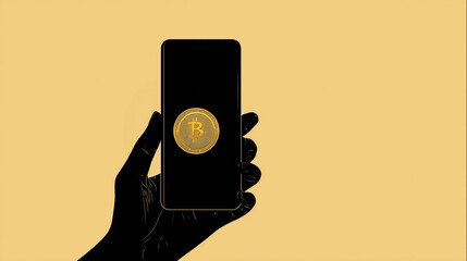 hand silhouette holding smartphone with bitcoin logo symbolizing the new digital power to the people currency of freedom. isolated on yellow background
