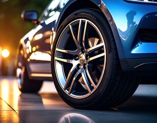 Close-up of a modern car's alloy wheel.  Sleek, metallic blue SUV,  low angle,  glowing light reflections