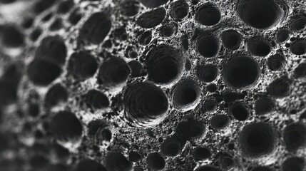 Detailed view of dense metal grain structure showcasing internal voids in scientific visualization style, grayscale representation highlighting micro features