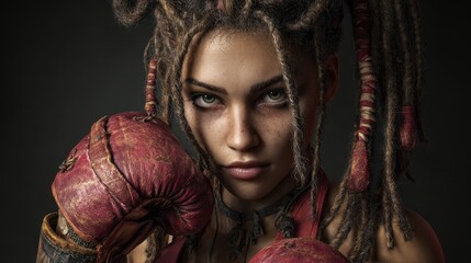 A woman with dreadlocks and a boxing glove
