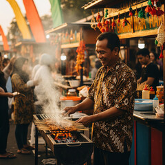 Street vendor grilling satay with smoke rising during golden hour, capturing the vibrant and authentic atmosphere of traditional Indonesian street food culture.