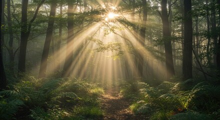 Fototapeta premium Sunlit Forest Path: Dramatic Light Rays Piercing Through Trees