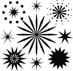 Collection of starburst and star shapes silhouette isolated on white background
