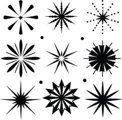 Collection of nine starburst silhouettes isolated on white background