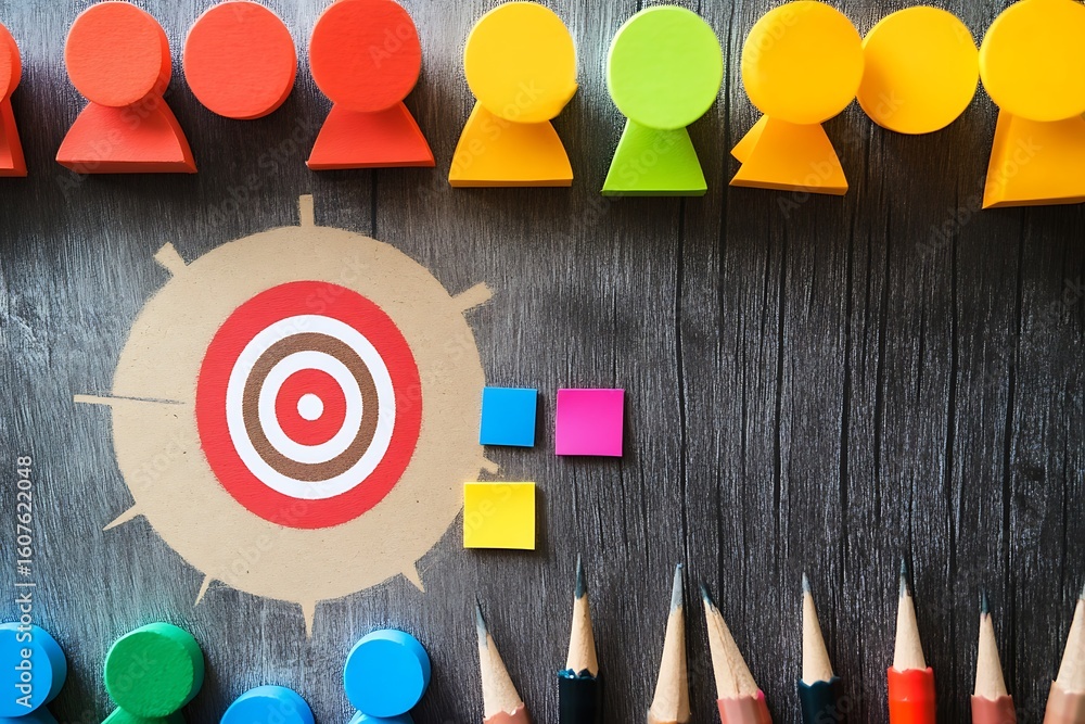 Poster strategy board with target audience segmentation chart, sticky notes, and digital elements