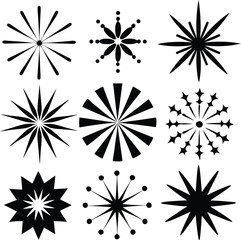 Collection of starburst and  star shapes silhouette designs isolated on white background