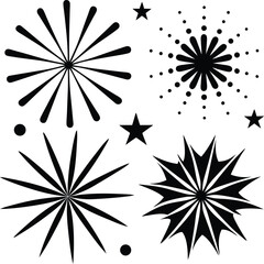 Collection of abstract starbursts and fireworks silhouettes isolated on white background