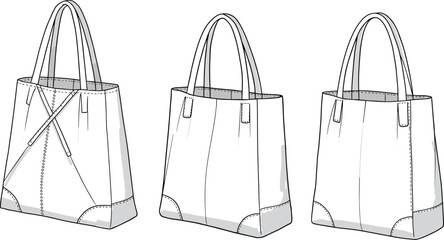 Stylish Flat Vector CAD Illustration of Modern Tote Bags with Detailed Stitching and Hardware, Perfect for Fashion Design and Product Development, Versatile for E-commerce and Catalogs.