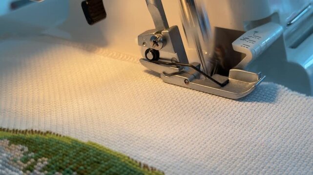Seamstress at work, processes edges of embroidery with threads on the overlock. Overlock, sewing machine, with needle and white threads, on a white background, close-up.
