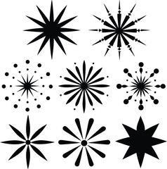 Collection of starburst and snowflake silhouettes isolated on white background