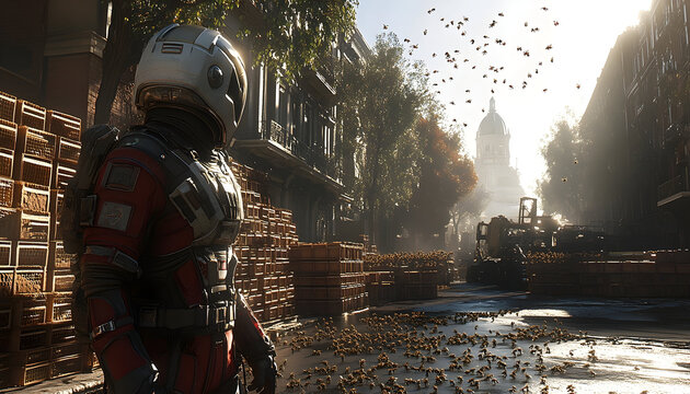 Fototapeta Futuristic Soldier Amidst a Swarm of Bees in a Cityscape
