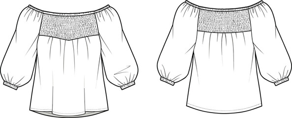 Stylish women's off-the-shoulder blouse fashion flat sketch technical cad drawing, featuring a wide neckline, shirred bodice, and voluminous long sleeves . © Masum Creatives