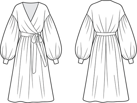 Elegant women's knee-length wrap dress fashion flat sketch technical cad drawing, featuring a V-neckline, voluminous puff sleeves, and adjustable waist tie, a must-have apparel design.