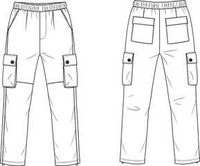 Unisex elastic waist cargo pants fashion flat sketch technical cad drawing, featuring multiple utility pockets and relaxed fit, a versatile and practical casual apparel design. © Masum Creatives