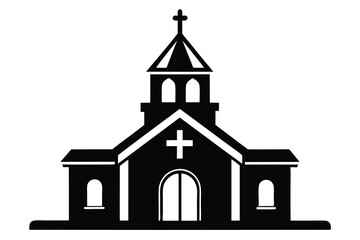 Silhouette of a Church Building with Cross, Arched Doorways, and Windows