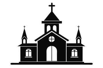 Black Silhouette Illustration of Church Building with Crosses, Windows, and Central Doorway