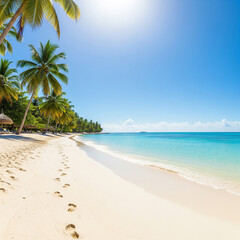 Obraz premium Tropical beach with clear turquoise water, palm trees, and footprints in white sand under sunny blue sky, creating a peaceful and idyllic vacation paradise.