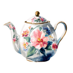 White tea pot with a floral design on it