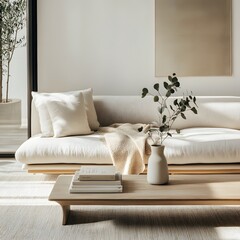 Living room interior with white sofa, books and vase with eucalyptus. 