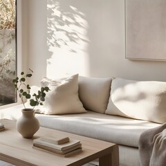 Living room interior with sofa, books and plant. Mock up for a living room. 
